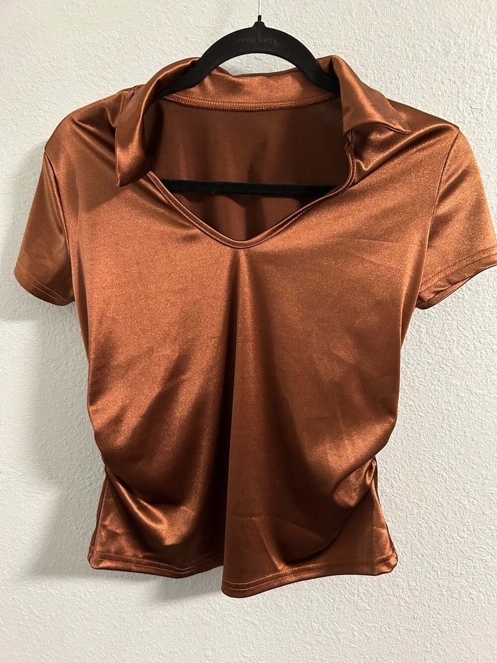 SHEIN Satin Collar Ruched Short Sleeve Blouse Size M Brown